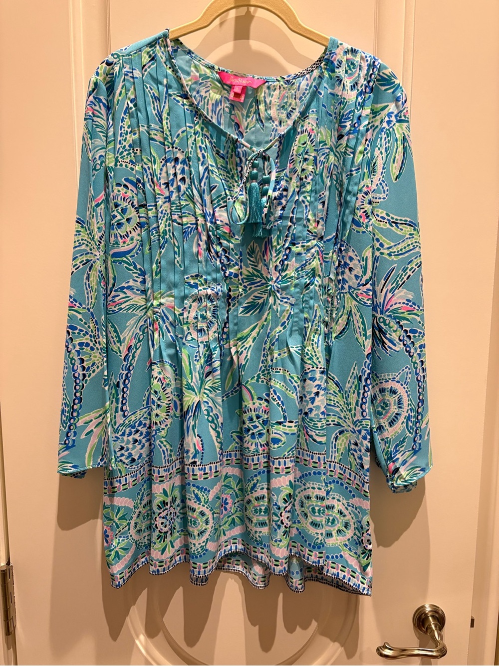 Lilly Pulitzer Aqua & Turquoise Floral Tunic Dress with Tassel Tie